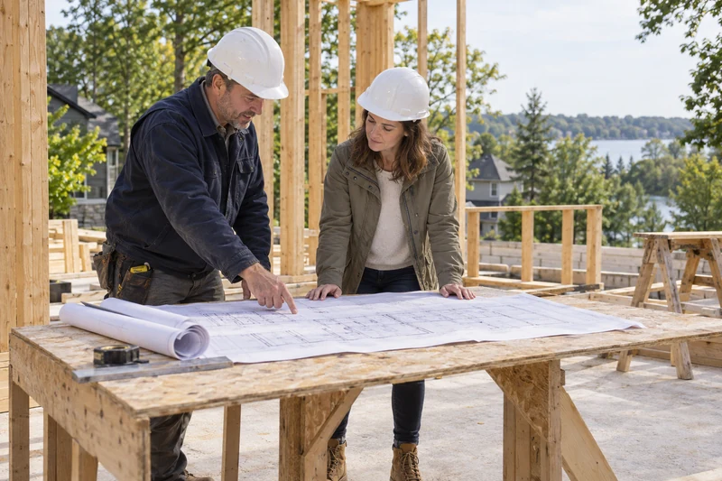 Builder and homeowner in hard hats reviewing architectural plans at a timber-framed construction site