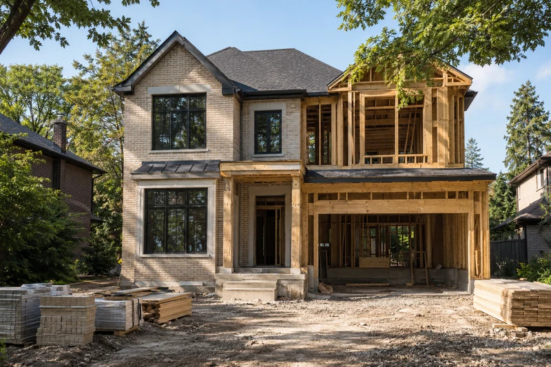 Custom home under construction with exposed timber framing and partially finished brickwork