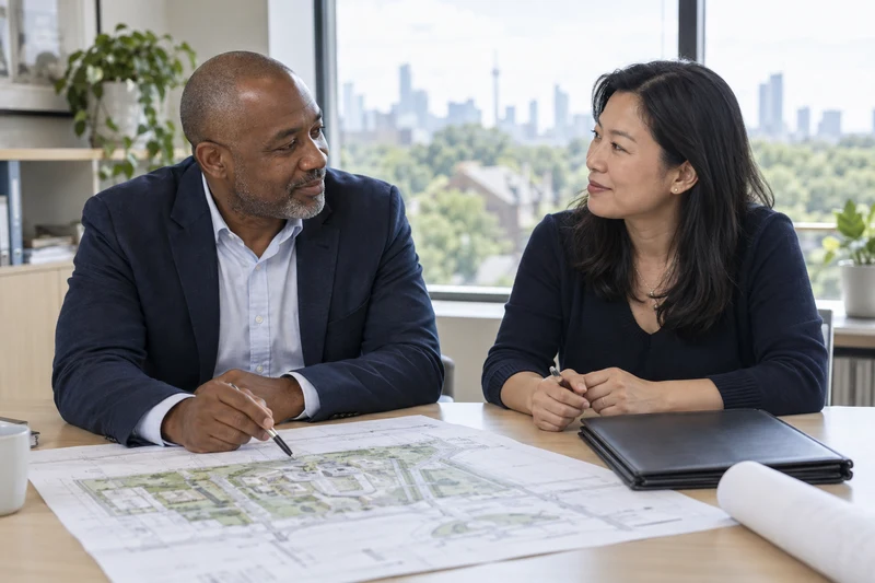 Developer and planning consultant discussing a land acquisition with relaxed smiles